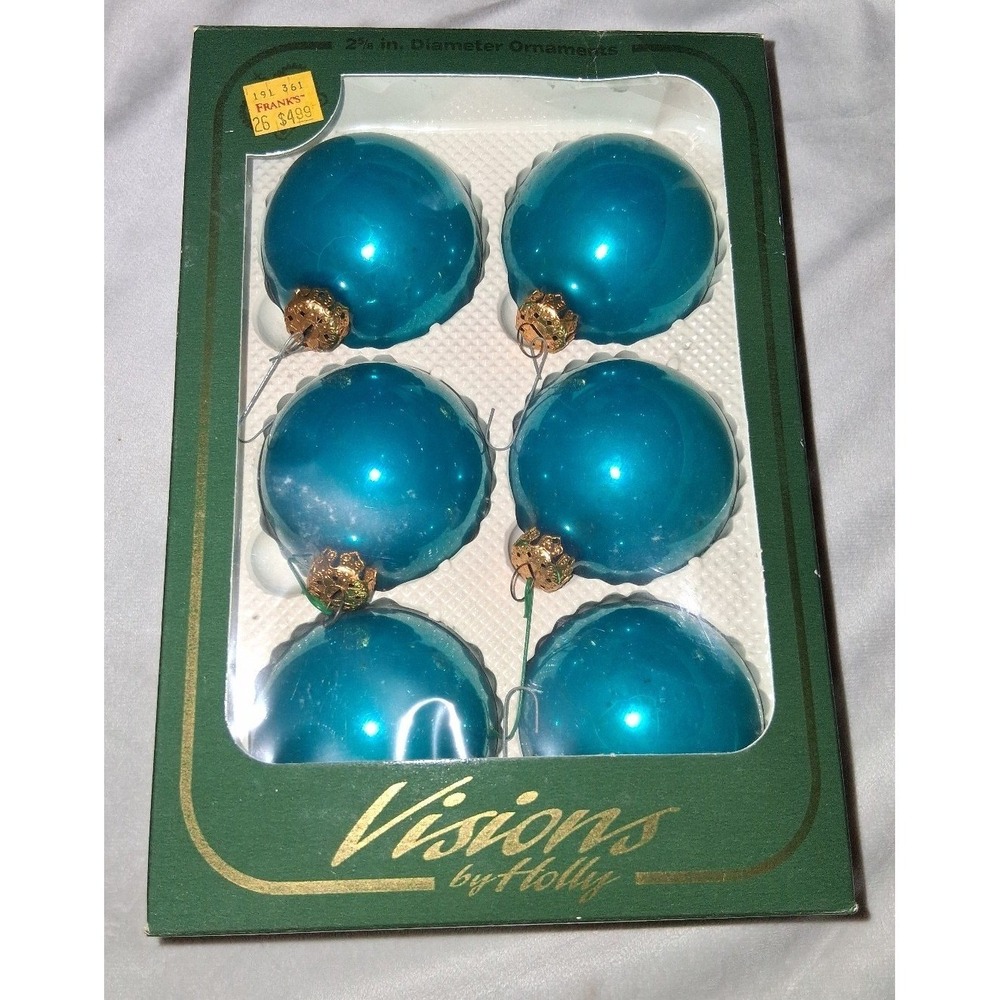 Vintage Visions by Holly Teal Blue Glass Christmas Ornaments 2 5/8" Set of 6 USA